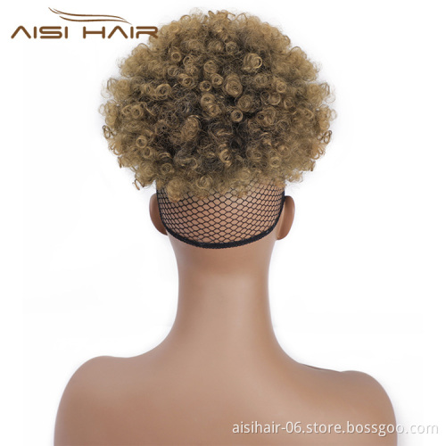 Aisi Hair Short Kinky Curly Puff Style Ombre Brown Hair Bun With Bangs Afro Curly Synthetic Hair Extension For Black Women